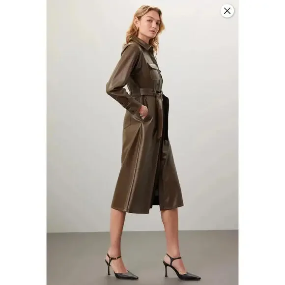 Marissa Webb Faux Leather Trench Dressdark green size NWT $470msrp